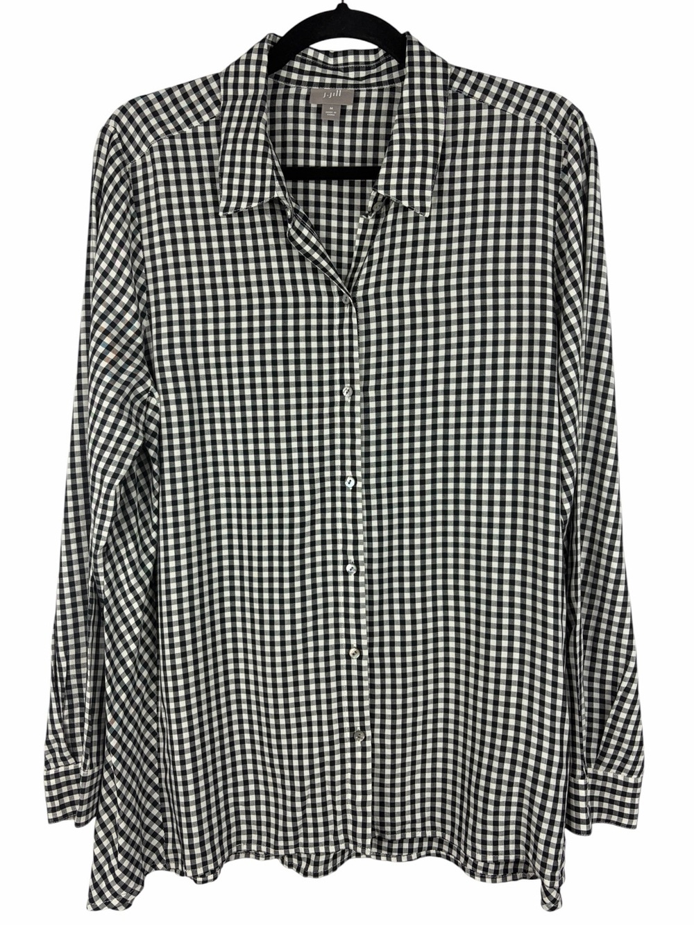 J.Jill Black White Gingham Button Front Shirt Blouse Rayon Medium